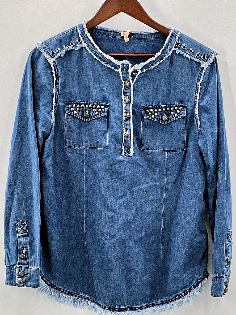 602 Reba Denim Tunic Top in Blue Size Medium